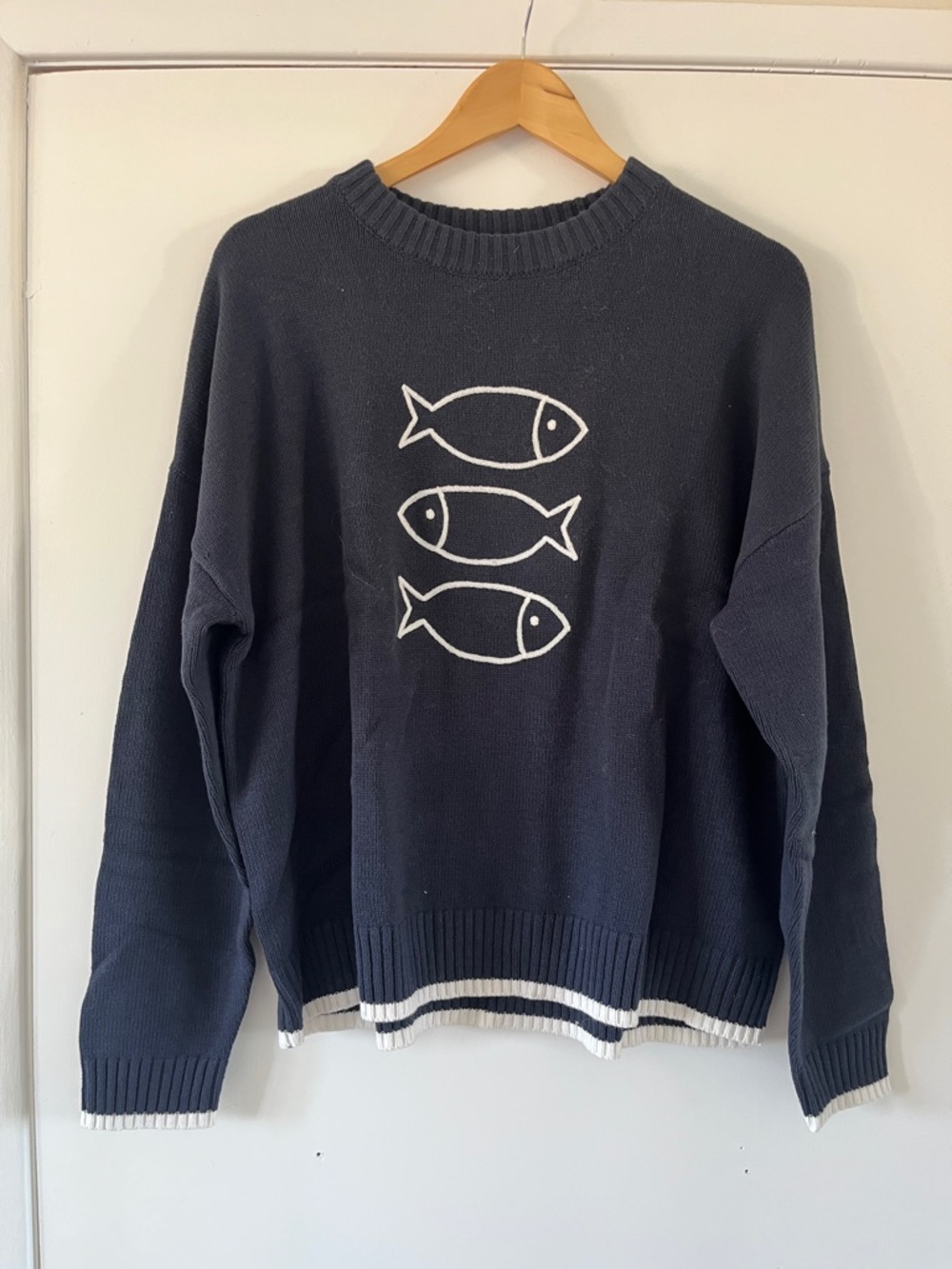 twik Navy Knit Sweater with White Fish Graphic